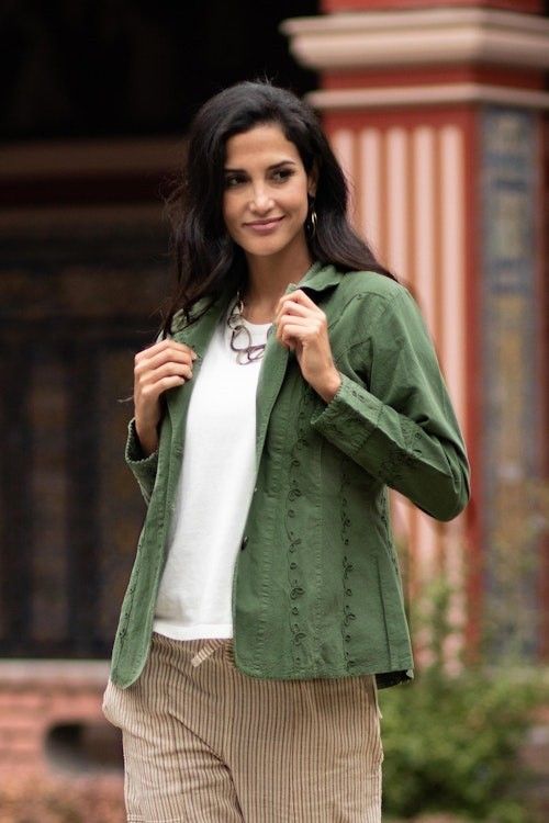 Embroidered Laurel Green Cotton Blazer Jacket from Peru 'Andean Fields' Embroidered Laurel Green Cotton Blazer Jacket from Peru 'Andean Fields'