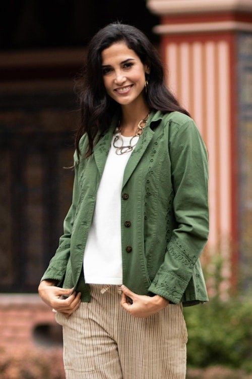 Embroidered Laurel Green Cotton Blazer Jacket from Peru 'Andean Fields' Embroidered Laurel Green Cotton Blazer Jacket from Peru 'Andean Fields'