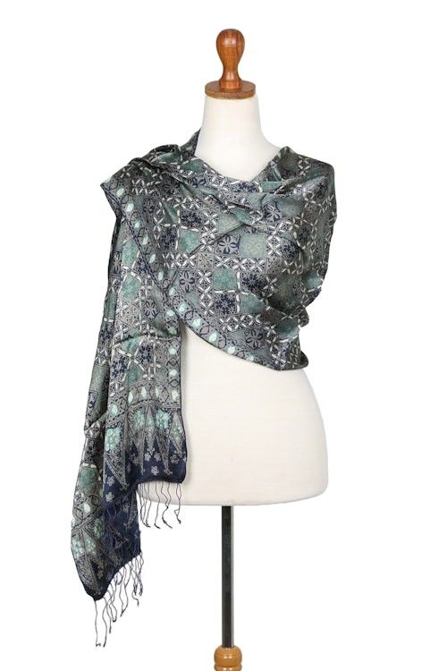 Fair Trade Batik Silk Patterned Blue Shawl 'Java Starlight' Fair Trade Batik Silk Patterned Blue Shawl 'Java Starlight'