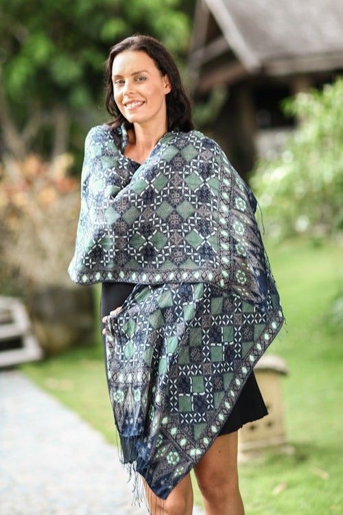 Fair Trade Batik Silk Patterned Blue Shawl 'Java Starlight' Fair Trade Batik Silk Patterned Blue Shawl 'Java Starlight'