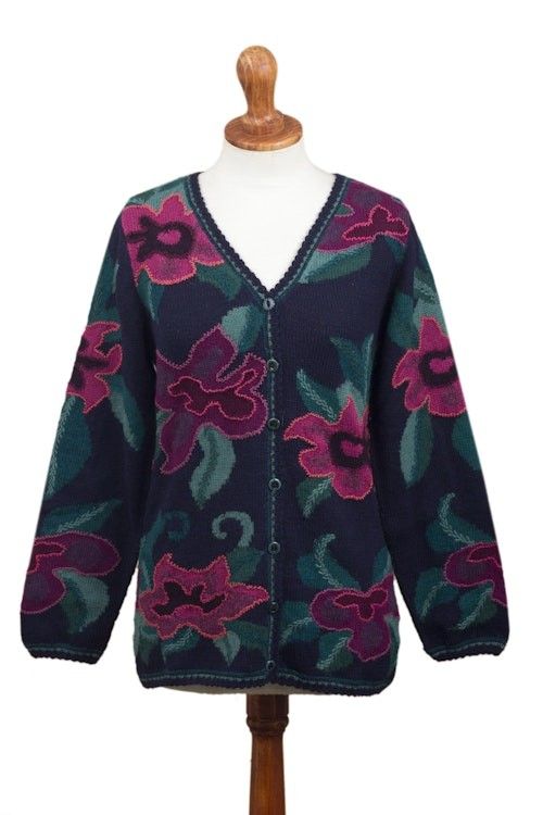 Floral Intarsia Knit Cardigan Sweater in 100 Alpaca 'Cusco Flowers in Blue' Floral Intarsia Knit Cardigan Sweater in 100 Alpaca 'Cusco Flowers in Blue'