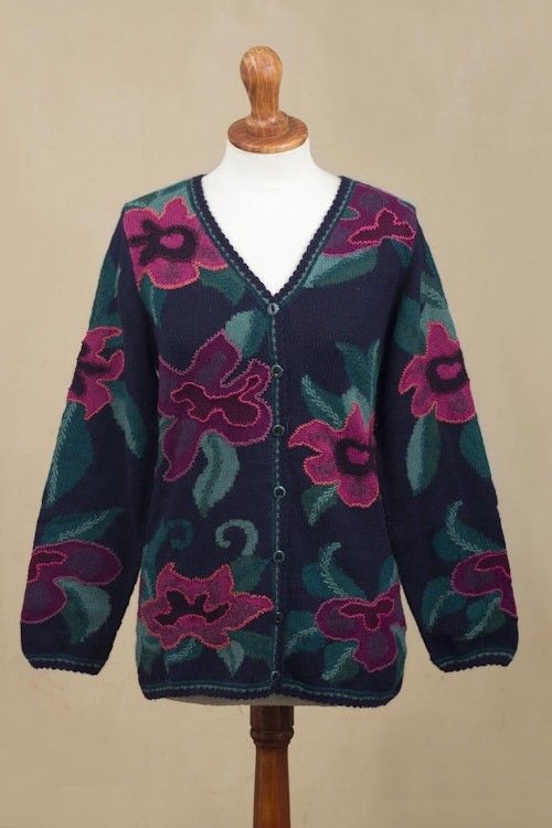 Floral Intarsia Knit Cardigan Sweater in 100 Alpaca 'Cusco Flowers in Blue' Floral Intarsia Knit Cardigan Sweater in 100 Alpaca 'Cusco Flowers in Blue'