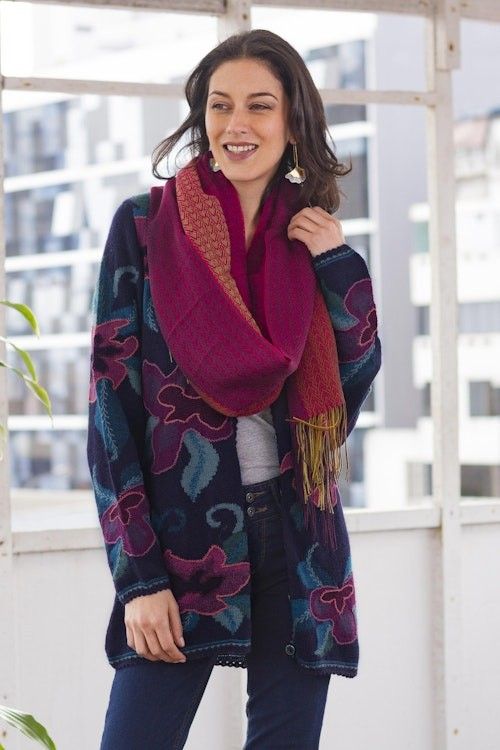 Floral Intarsia Knit Cardigan Sweater in 100 Alpaca 'Cusco Flowers in Blue' Floral Intarsia Knit Cardigan Sweater in 100 Alpaca 'Cusco Flowers in Blue'