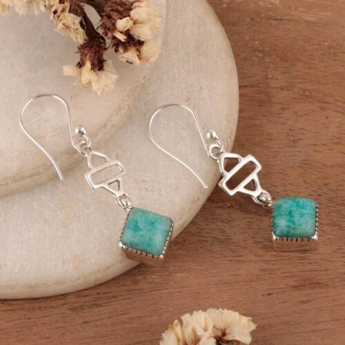 Geometric-Inspired Amazonite Cabochon Gem Dangle Earrings 'Gems of Balance' Geometric-Inspired Amazonite Cabochon Gem Dangle Earrings 'Gems of Balance'