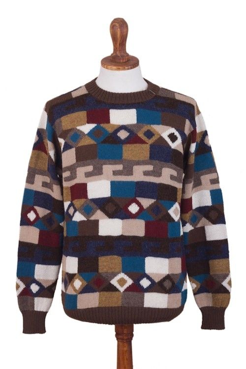 Geometric Intarsia Knit 100 Alpaca Men's Sweater 'Adventure Geometry' Geometric Intarsia Knit 100 Alpaca Men's Sweater 'Adventure Geometry'