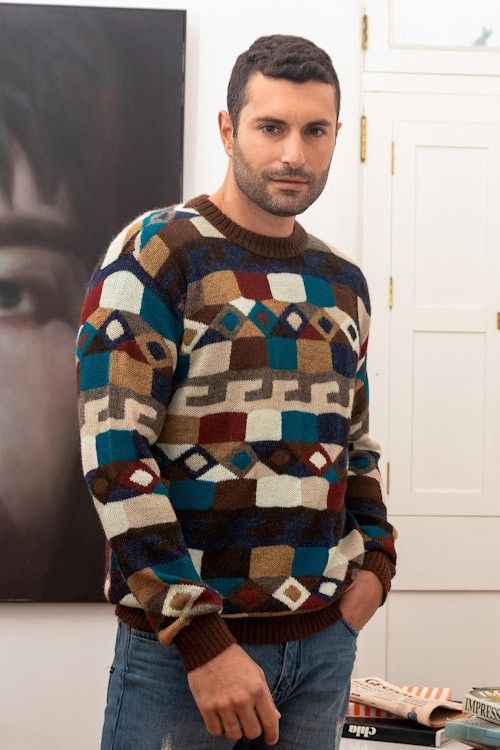 Geometric Intarsia Knit 100 Alpaca Men's Sweater 'Adventure Geometry' Geometric Intarsia Knit 100 Alpaca Men's Sweater 'Adventure Geometry'