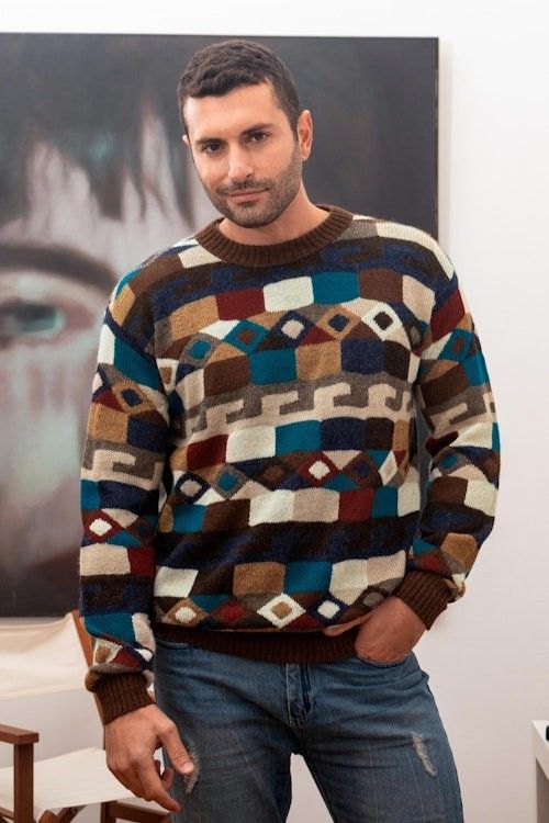 Geometric Intarsia Knit 100 Alpaca Men's Sweater 'Adventure Geometry' Geometric Intarsia Knit 100 Alpaca Men's Sweater 'Adventure Geometry'