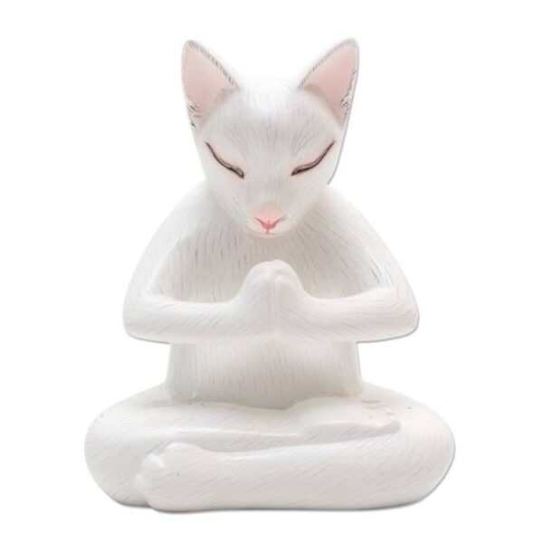 Hand Carved Suar Wood Cat Statuette 'Grateful Cat in White' Hand Carved Suar Wood Cat Statuette 'Grateful Cat in White'