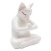 Hand Carved Suar Wood Cat Statuette 'Grateful Cat in White' Hand Carved Suar Wood Cat Statuette 'Grateful Cat in White'