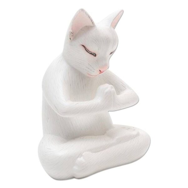 Hand Carved Suar Wood Cat Statuette 'Grateful Cat in White' Hand Carved Suar Wood Cat Statuette 'Grateful Cat in White'