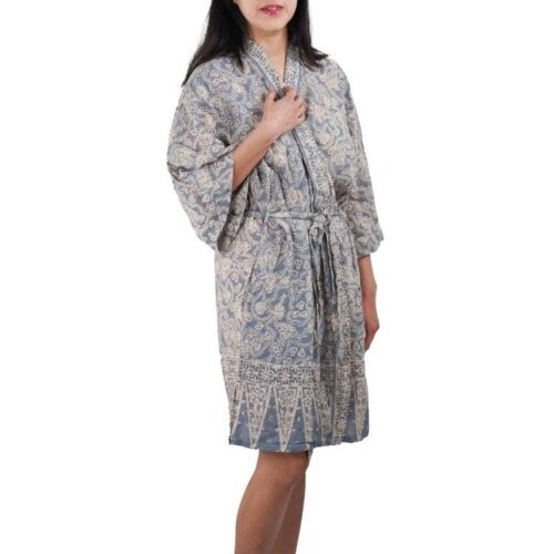 Hand Dyed Batik Robe Kimono, 100% Cotton, Gray, Silver Petals Hand Dyed Batik Robe Kimono, 100% Cotton, Gray, Silver Petals