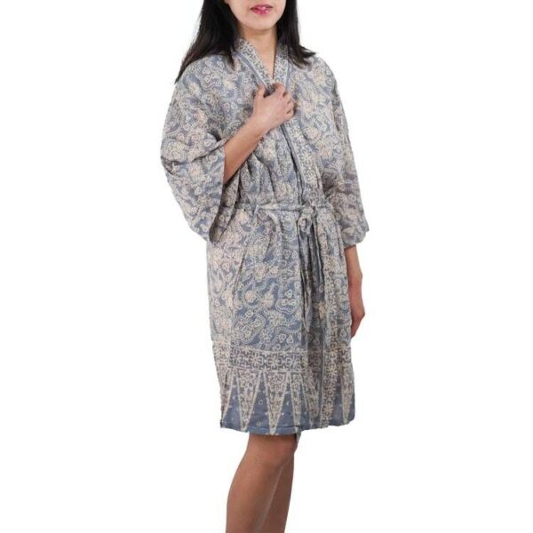 Hand Dyed Batik Robe Kimono, 100% Cotton, Gray, Silver Petals Hand Dyed Batik Robe Kimono, 100% Cotton, Gray, Silver Petals