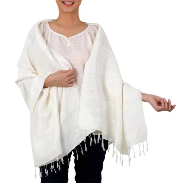 Handwoven Fringed Silk Shawl in Ivory from Thailand 'Afternoon Breeze' Handwoven Fringed Silk Shawl in Ivory from Thailand 'Afternoon Breeze'