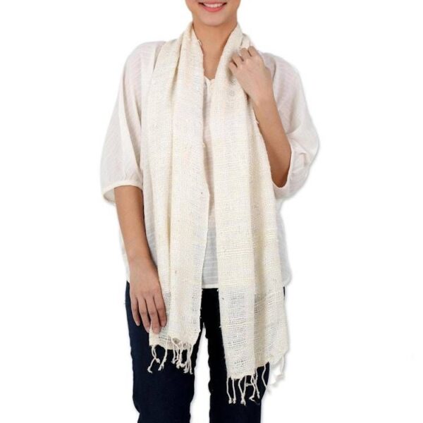 Handwoven Fringed Silk Shawl in Ivory from Thailand 'Afternoon Breeze' Handwoven Fringed Silk Shawl in Ivory from Thailand 'Afternoon Breeze'