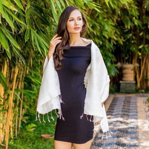 Handwoven Fringed Silk Shawl in Ivory from Thailand 'Afternoon Breeze' Handwoven Fringed Silk Shawl in Ivory from Thailand 'Afternoon Breeze'