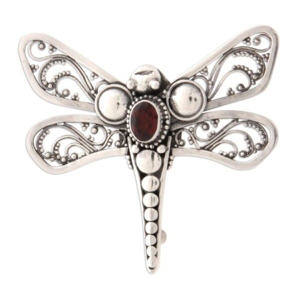 Indonesian Garnet and Silver Brooch Pin 'Scarlet Dragonfly'