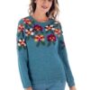 Intarsia Knit Turquoise Floral Alpaca Sweater 'Turquoise Garden'