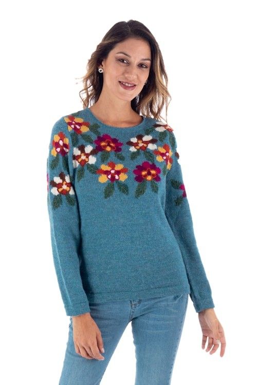 Intarsia Knit Turquoise Floral Alpaca Sweater 'Turquoise Garden'