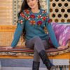 Intarsia Knit Turquoise Floral Alpaca Sweater 'Turquoise Garden'