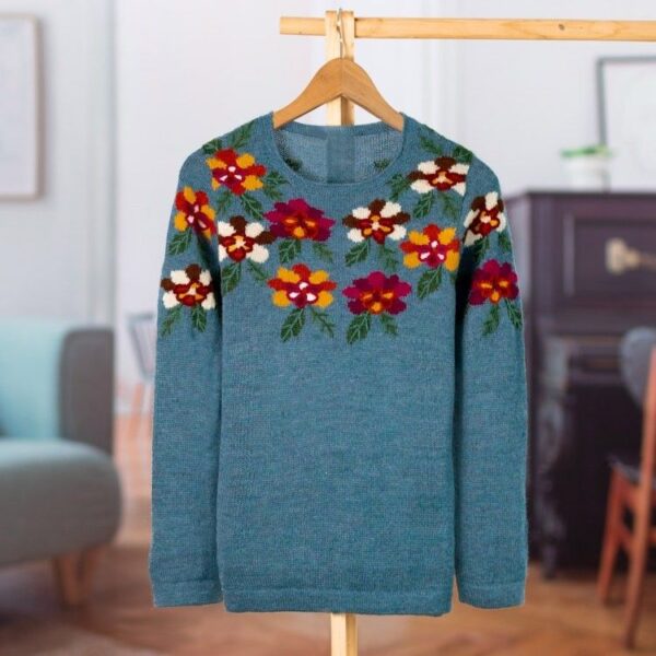 Intarsia Knit Turquoise Floral Alpaca Sweater 'Turquoise Garden'