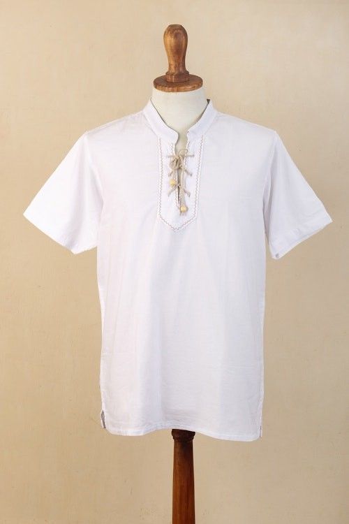 Men's Casual White Cotton Shirt Bohemian Style Made in Peru 'Summer'