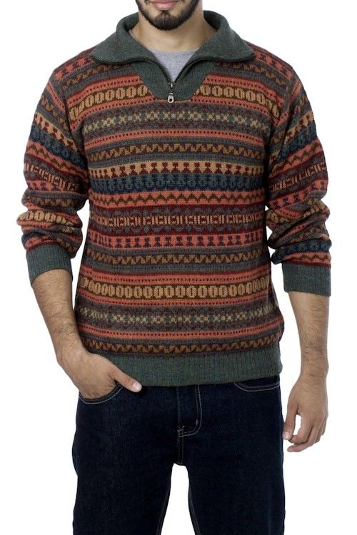 Men's Fair Trade Alpaca Art Knit Pullover Sweater 'Mountain Sunset' Men's Fair Trade Alpaca Art Knit Pullover Sweater 'Mountain Sunset'