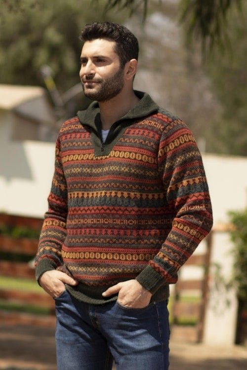 Men's Fair Trade Alpaca Art Knit Pullover Sweater 'Mountain Sunset' Men's Fair Trade Alpaca Art Knit Pullover Sweater 'Mountain Sunset'