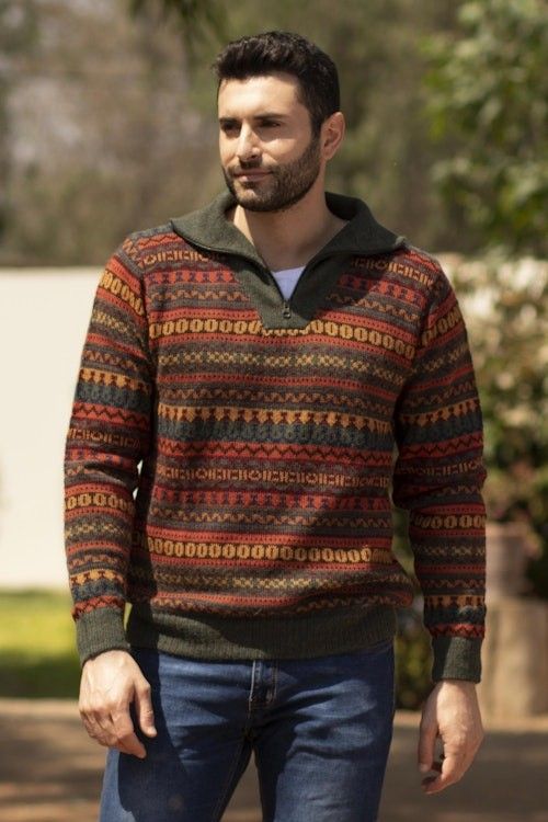 Men's Fair Trade Alpaca Art Knit Pullover Sweater 'Mountain Sunset' Men's Fair Trade Alpaca Art Knit Pullover Sweater 'Mountain Sunset'