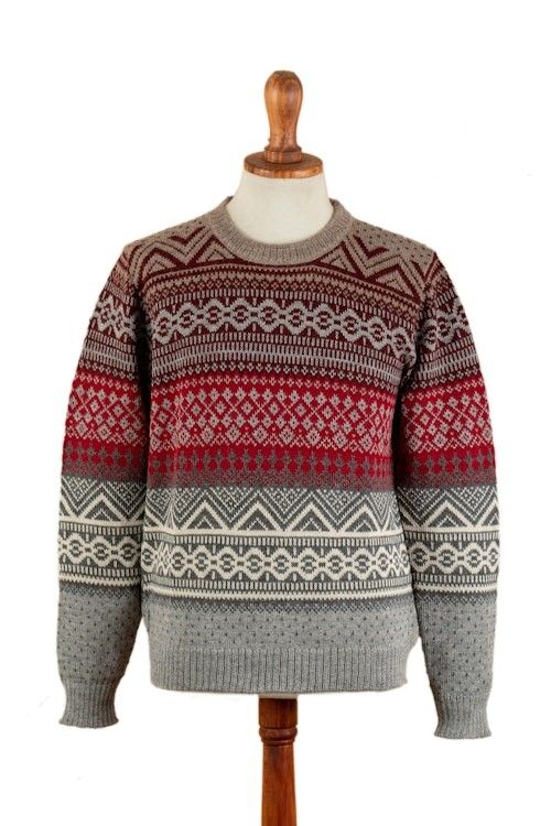 Men's Soft Grey and Red 100 Alpaca Pullover from Peru 'Grey Adventures' Men's Soft Grey and Red 100 Alpaca Pullover from Peru 'Grey Adventures'