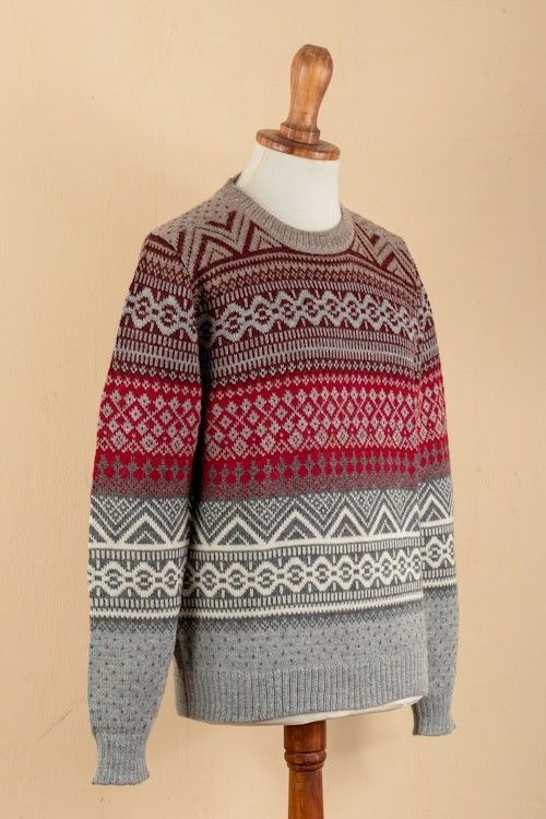 Men's Soft Grey and Red 100 Alpaca Pullover from Peru 'Grey Adventures' Men's Soft Grey and Red 100 Alpaca Pullover from Peru 'Grey Adventures'