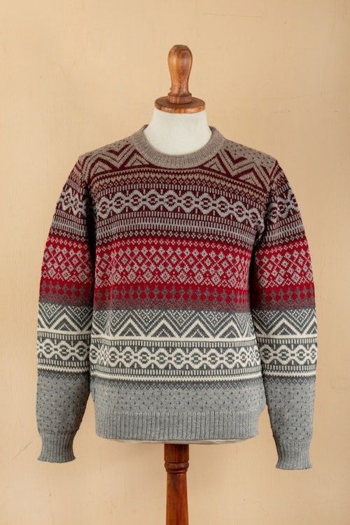 Men's Soft Grey and Red 100 Alpaca Pullover from Peru 'Grey Adventures' Men's Soft Grey and Red 100 Alpaca Pullover from Peru 'Grey Adventures'