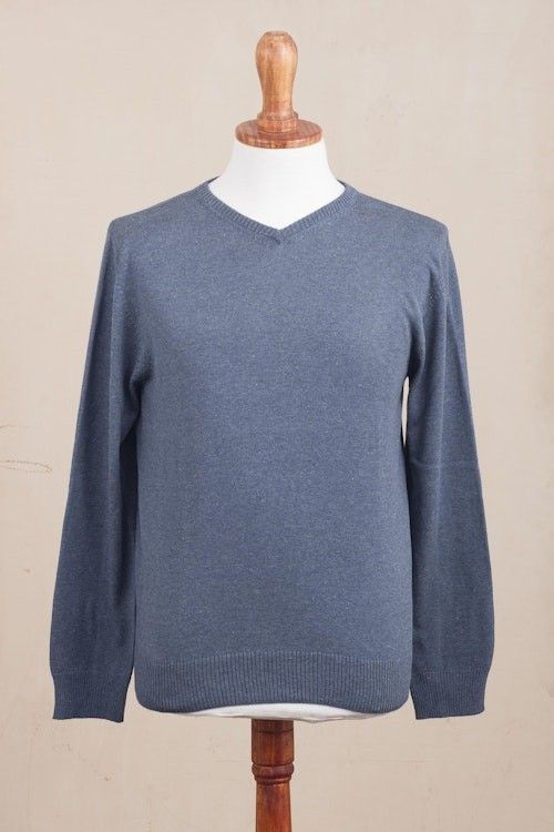 Men's V-Neck Cotton Blend Pullover in Indigo from Peru 'Warm Adventure in Indigo' Men's V-Neck Cotton Blend Pullover in Indigo from Peru 'Warm Adventure in Indigo'