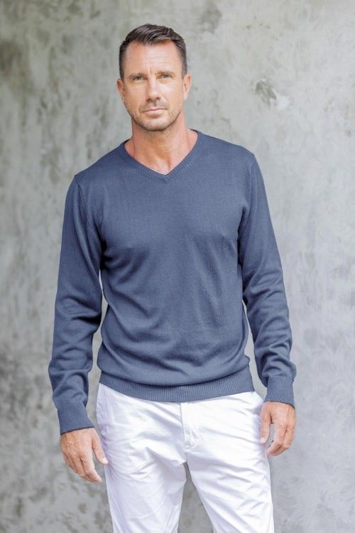 Men's V-Neck Cotton Blend Pullover in Indigo from Peru 'Warm Adventure in Indigo' Men's V-Neck Cotton Blend Pullover in Indigo from Peru 'Warm Adventure in Indigo'