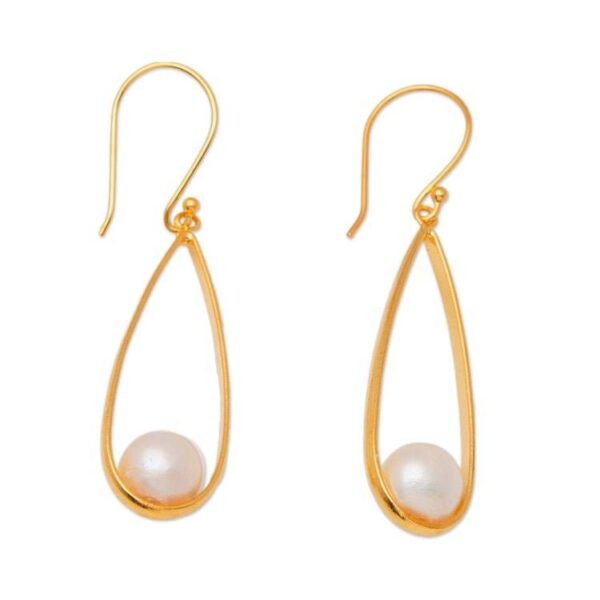Modern Oval Gold-Plated Brass Cultured Pearl Dangle Earrings 'Trendy Flair'