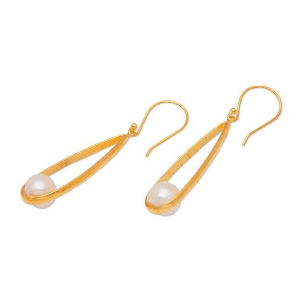 Modern Oval Gold-Plated Brass Cultured Pearl Dangle Earrings 'Trendy Flair'