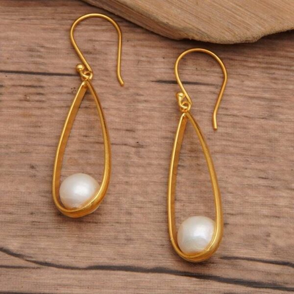 Modern Oval Gold-Plated Brass Cultured Pearl Dangle Earrings 'Trendy Flair'
