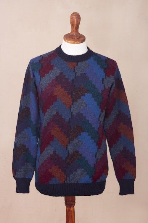 Multicolor Alpaca Men's Geometric Knit Pullover Sweater 'Stairway to the Heavens' Multicolor Alpaca Men's Geometric Knit Pullover Sweater 'Stairway to the Heavens'
