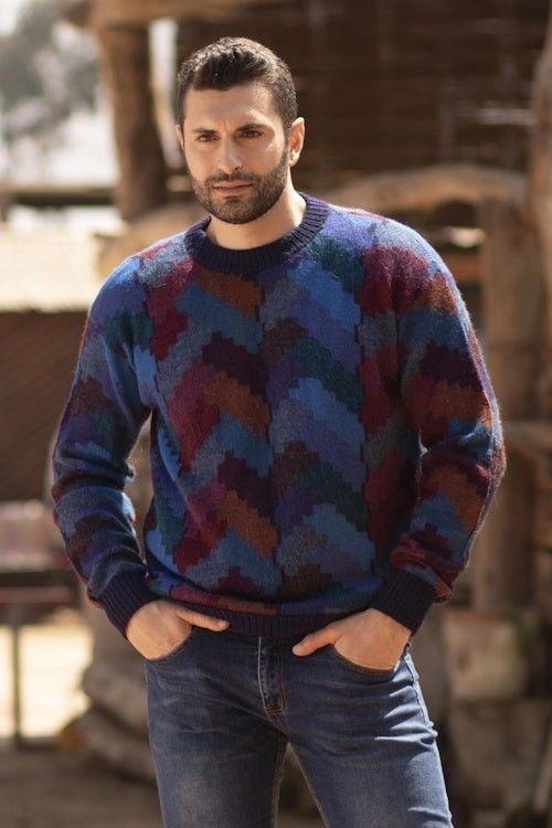 Multicolor Alpaca Men's Geometric Knit Pullover Sweater 'Stairway to the Heavens' Multicolor Alpaca Men's Geometric Knit Pullover Sweater 'Stairway to the Heavens'