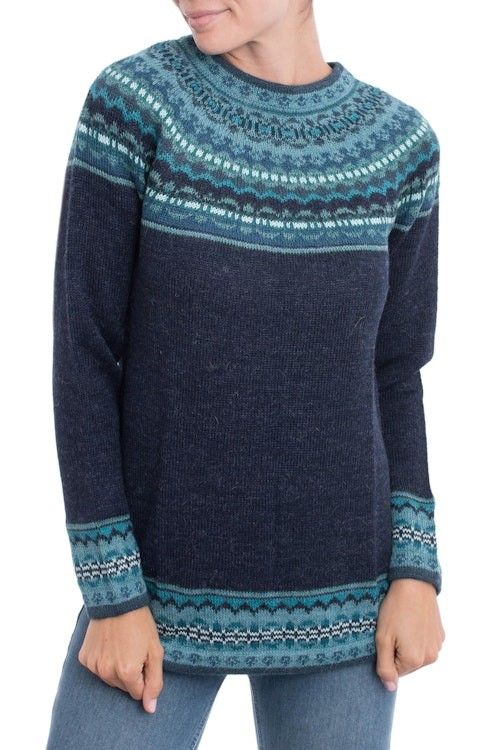 Navy Blue 100 Alpaca Pullover Patterned Peruvian Sweater 'Playful Navy Blue'