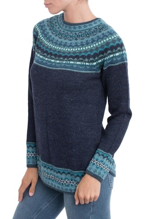 Navy Blue 100 Alpaca Pullover Patterned Peruvian Sweater 'Playful Navy Blue'
