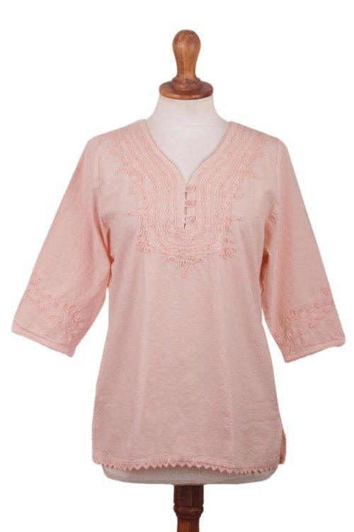 Pale Melon Orange Embroidered Cotton Tunic Top from Peru 'Sunset in Lima' Pale Melon Orange Embroidered Cotton Tunic Top from Peru 'Sunset in Lima'
