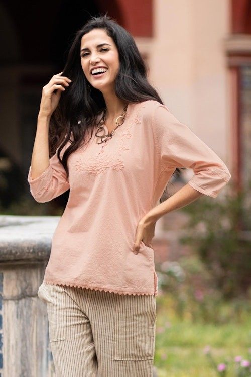Pale Melon Orange Embroidered Cotton Tunic Top from Peru 'Sunset in Lima' Pale Melon Orange Embroidered Cotton Tunic Top from Peru 'Sunset in Lima'