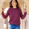 Raspberry Alpaca Blend Pullover Sweater with Knit Motifs 'Raspberry Revel'