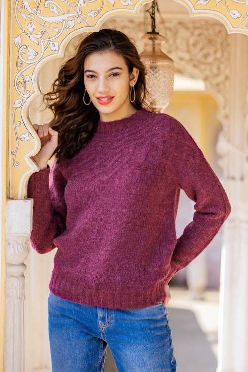 Raspberry Alpaca Blend Pullover Sweater with Knit Motifs 'Raspberry Revel'