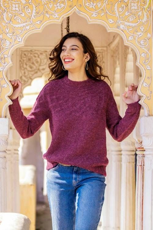 Raspberry Alpaca Blend Pullover Sweater with Knit Motifs 'Raspberry Revel' Raspberry Alpaca Blend Pullover Sweater with Knit Motifs 'Raspberry Revel'