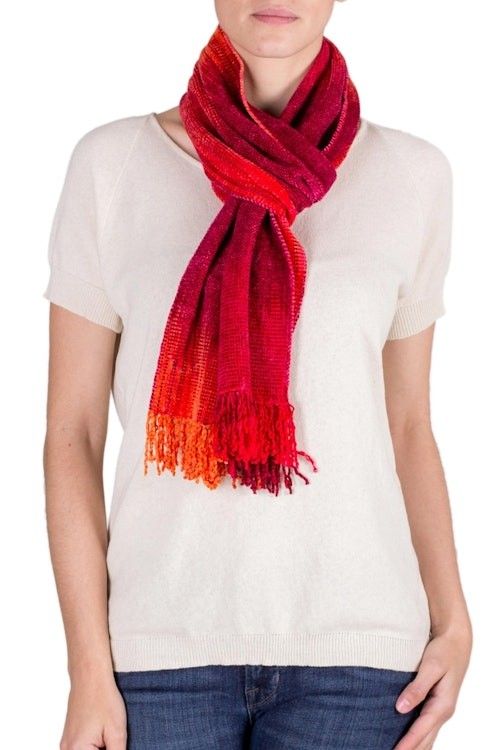 Red and Burgundy Handwoven Rayon Chenille Scarf 'Crimson Embrace'