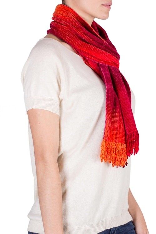 Red and Burgundy Handwoven Rayon Chenille Scarf 'Crimson Embrace'