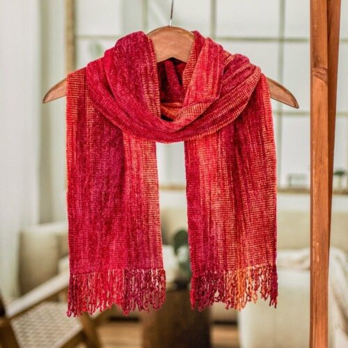 Red and Burgundy Handwoven Rayon Chenille Scarf 'Crimson Embrace' Red and Burgundy Handwoven Rayon Chenille Scarf 'Crimson Embrace'