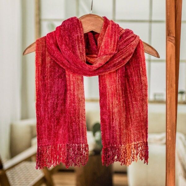 Red and Burgundy Handwoven Rayon Chenille Scarf 'Crimson Embrace'