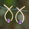 Semi-Abstract Gold-Plated Drop Earrings with Amethyst Gems 'Sagacious Ribbon' Semi-Abstract Gold-Plated Drop Earrings with Amethyst Gems 'Sagacious Ribbon'